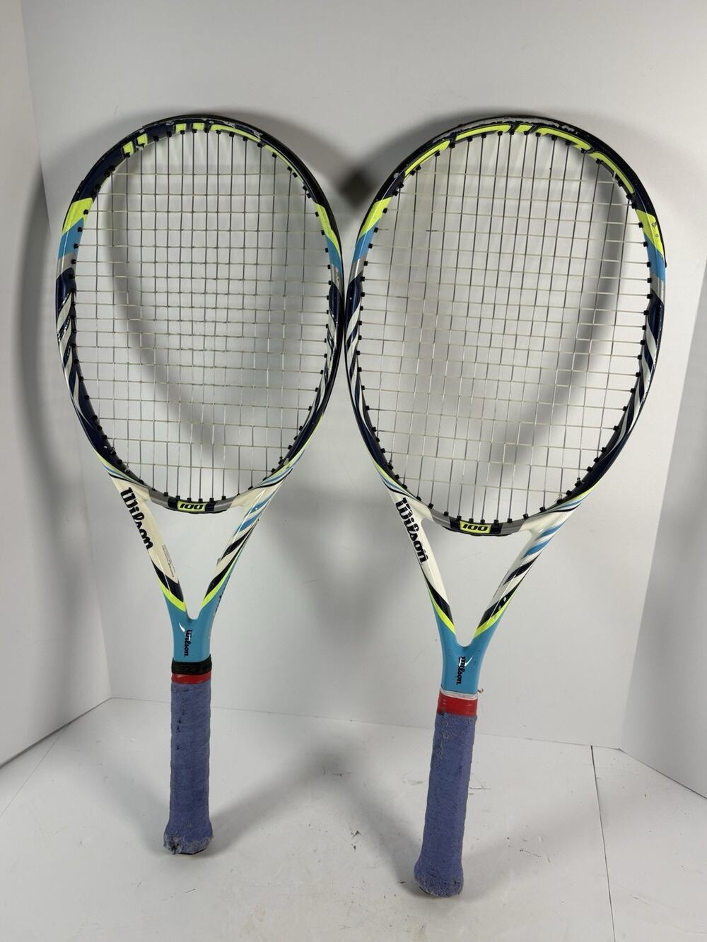 Wilson BLX 100 Tennis Racquets White Blue Lime 100 Sq In Strung Rackets Lot 2